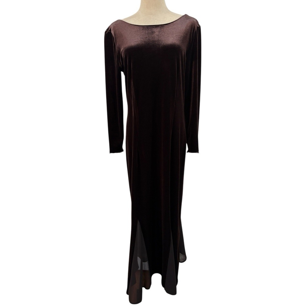Chocolate Brown Velvet Evening Gown Scoop Back Sz M/L 90s Style Minimalist Goth